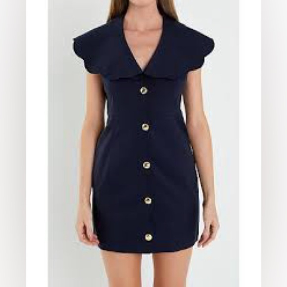 NWT ENGLISH FACTORY navy blue sleeveless Scalloped Structured mini Dress large - Picture 1 of 7